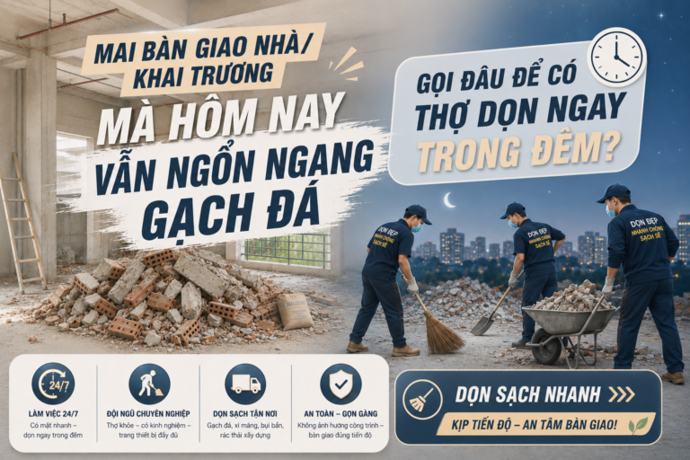 Mai Bàn Giao Nhà/Khai Trương Mà Hôm Nay Vẫn Ngổn Ngang Gạch Đá – Gọi Đâu Để Có Thợ Dọn Ngay Trong Đêm? 🏠🧹