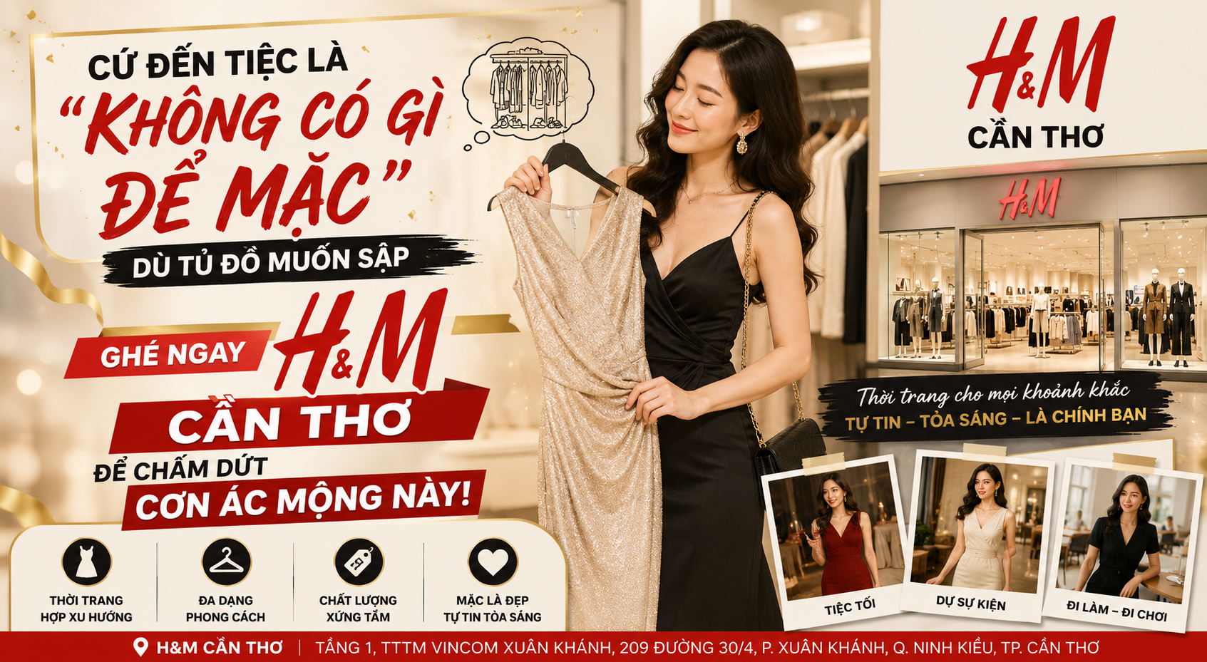 Cứ Đến Tiệc Là “Không Có Gì Để Mặc” Dù Tủ Đồ Muốn Sập – Ghé Ngay H&M Cần Thơ Để Chấm Dứt Cơn Ác Mộng Này! 👗✨
