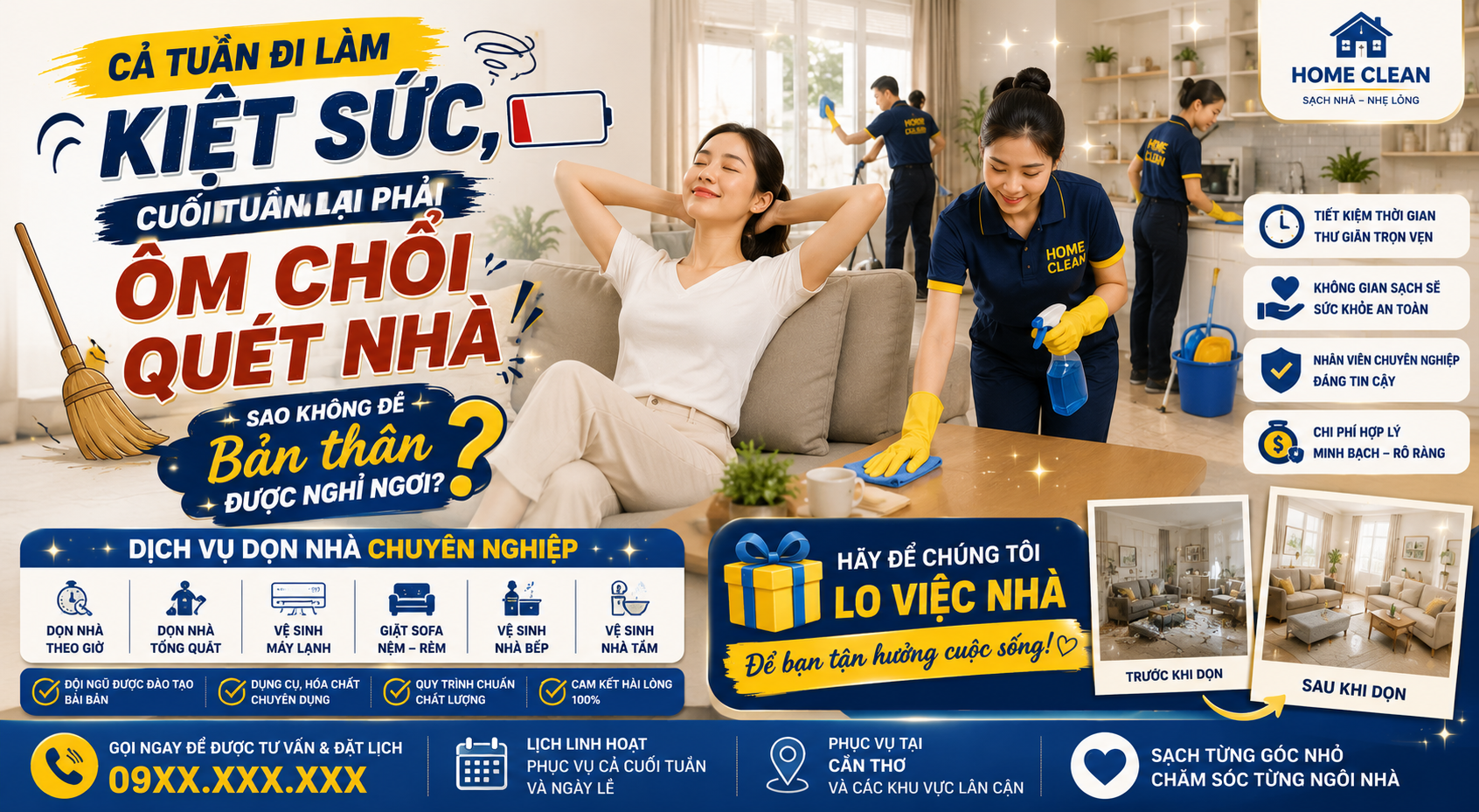 Cả Tuần Đi Làm Kiệt Sức, Cuối Tuần Lại Phải Ôm Chổi Quét Nhà – Sao Không Để Bản Thân Được Nghỉ Ngơi? 🏠✨