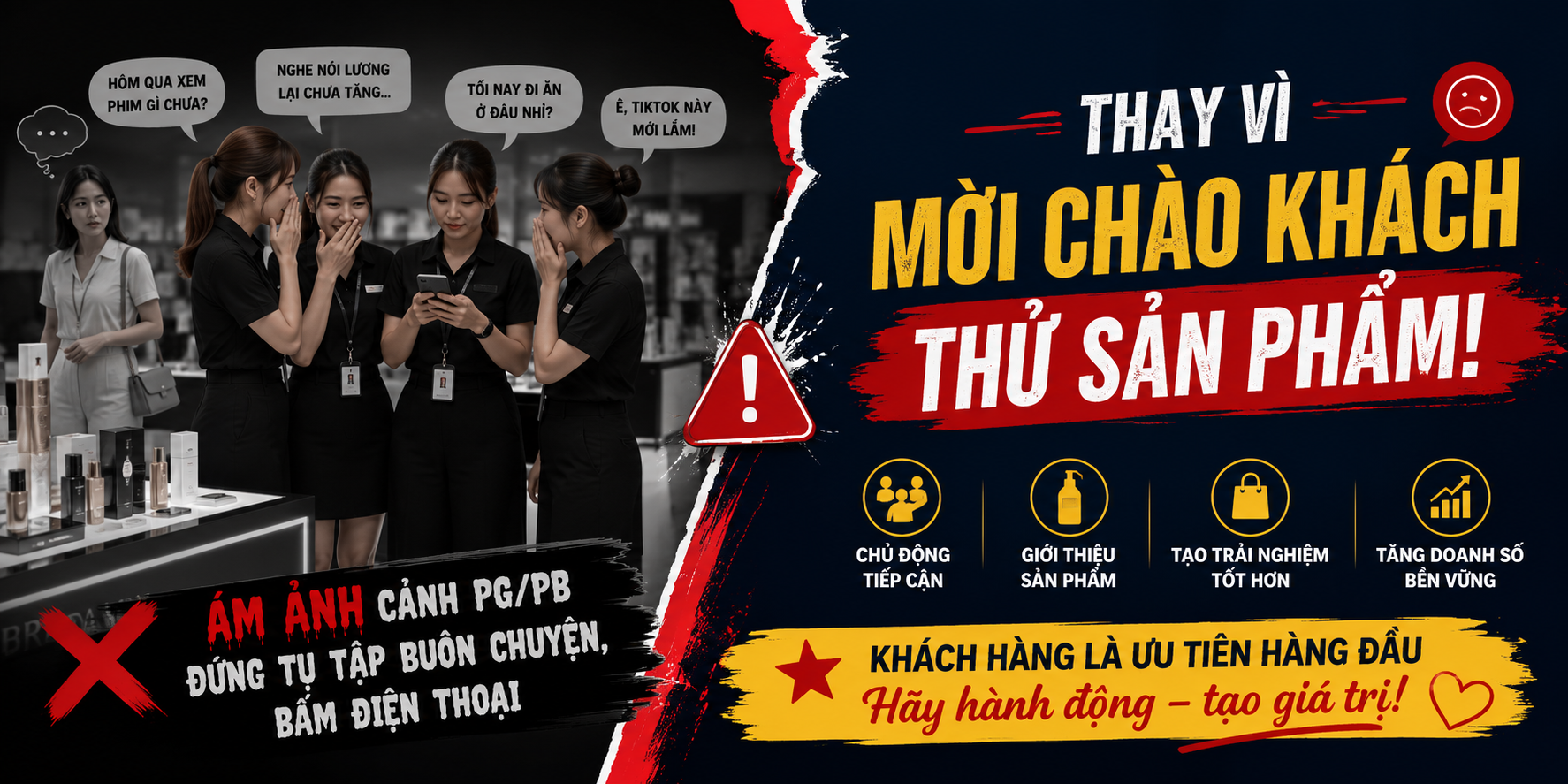 Ám Ảnh Cảnh PG/PB Đứng Tụ Tập Buôn Chuyện, Bấm Điện Thoại Thay Vì Mời Chào Khách Thử Sản Phẩm!